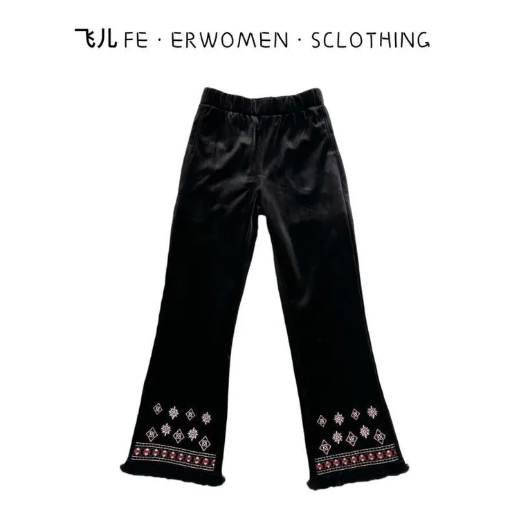 飞儿【墨绣菱花】刺绣丝绒休闲裤时尚百搭轻奢高级感裤子秋冬休闲