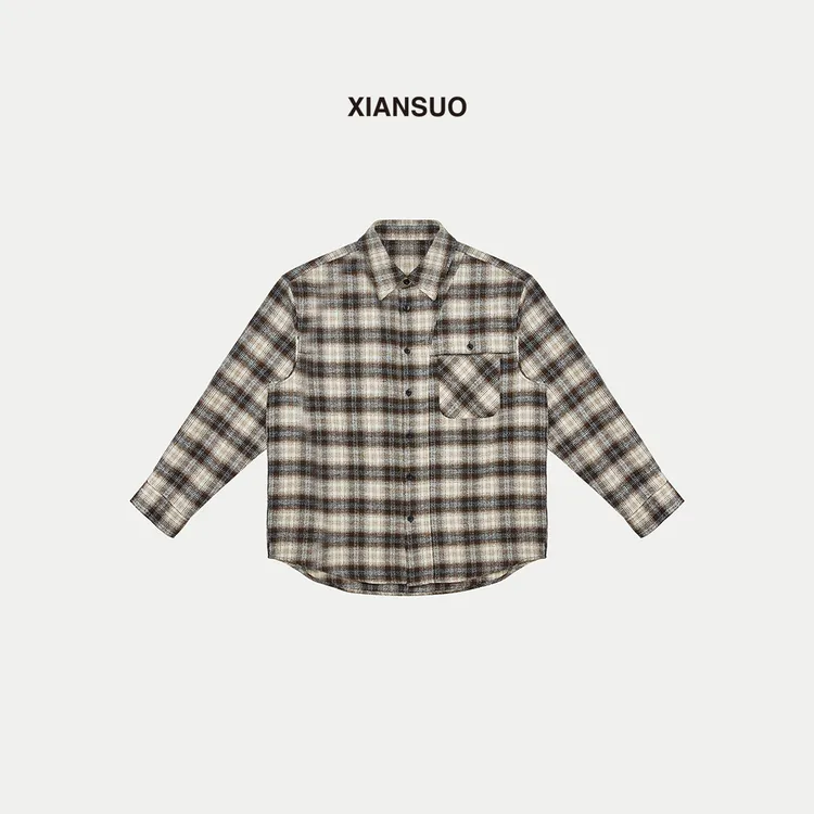 XIANSUO/缐鎖早秋复古格子长袖衬衫男翻领高级感轻奢百搭外套