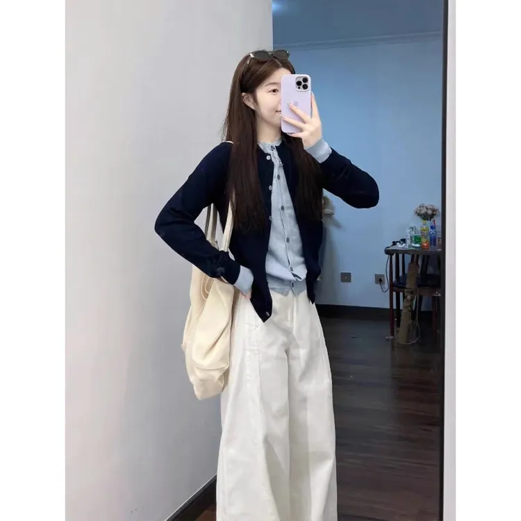 学院小香风蓝色针织套装女2025韩系巨好看的早秋季流行穿搭一整套
