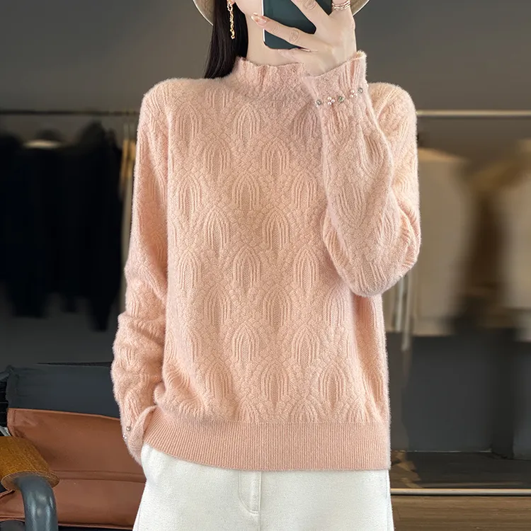 哥弟阿玛施正品新款半高领钉珠时尚针织衫女士简约通勤内搭打底衫