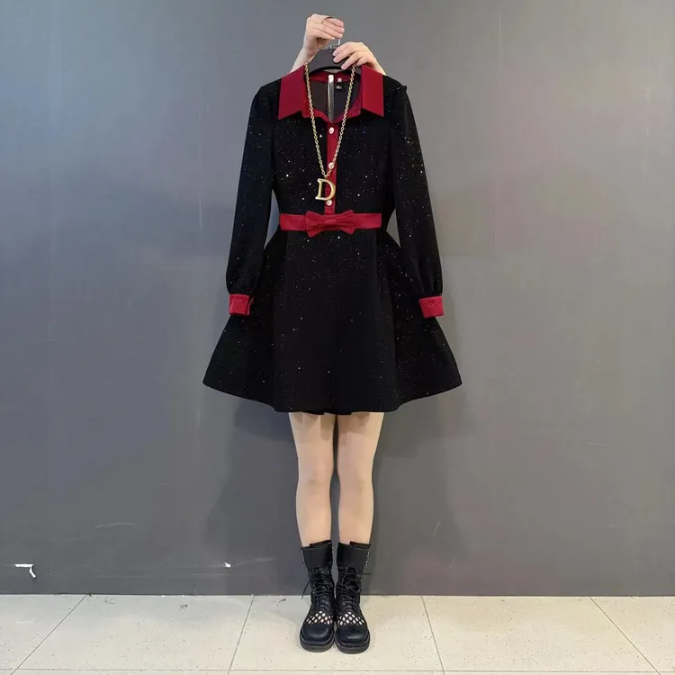 大码洋气翻领撞色蝴蝶结装饰亮闪闪优雅气质连衣裙