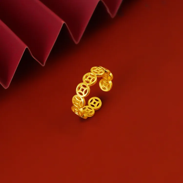 合金戒指 复古民族风金色铜钱戒指钱多多时尚精美百搭经典女款