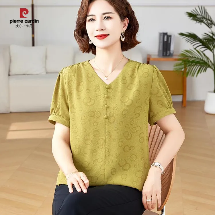 皮尔卡丹2025新款妈妈夏装时尚洋气短袖t恤中年减龄小衫中老年V领