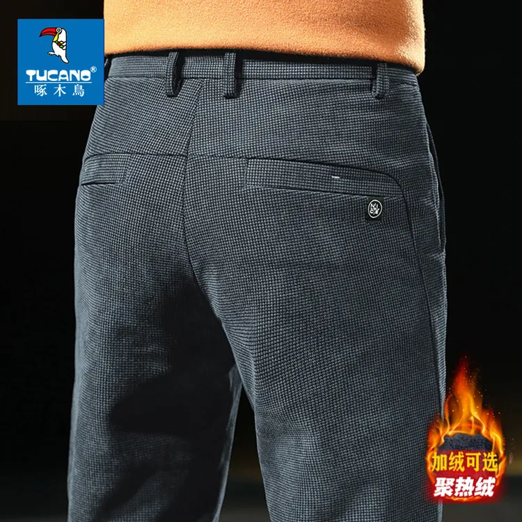 啄木鸟男士加绒裤子男款秋冬款华夫格灯芯绒百搭上班直筒商务休闲