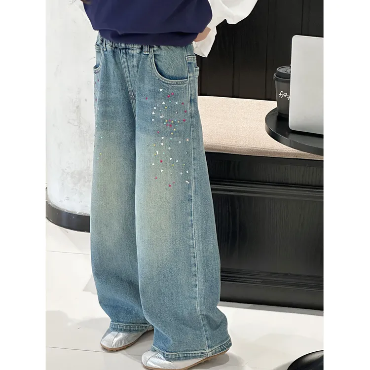 K29526孙小美多彩烫钻女童牛仔裤2025新款秋装儿童裤子春秋直筒裤