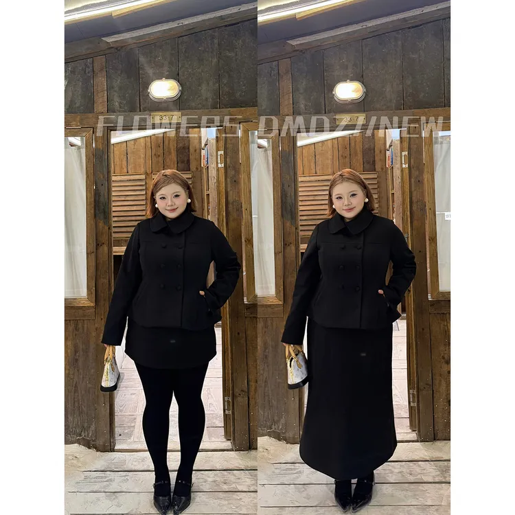 全球花【留洋千金】大码千金风立领设计气质显瘦毛呢外套半裙套装女