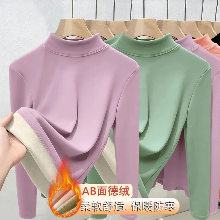 秋冬新款半高领加绒打底衫女士内搭洋气时尚时髦长袖T恤修身小衫