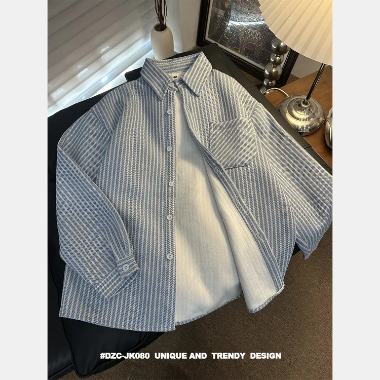 秋冬加绒保暖条纹小香风衬衫外套编织长袖宽松衬衣加厚男款外套