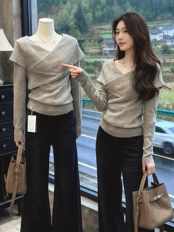 大码胖mm韩系交叉V领针织衫女秋冬季灰色修身显瘦设计感长袖上衣