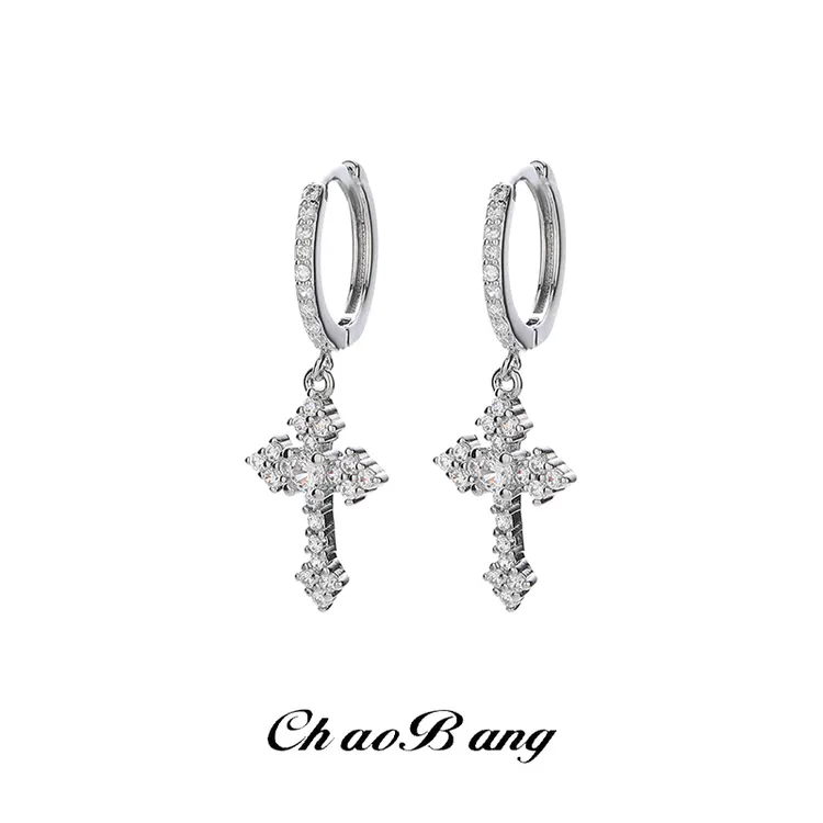 925银合成锆石耳饰 鸢尾花十字架耳环男养耳洞小众设计高级感饰品