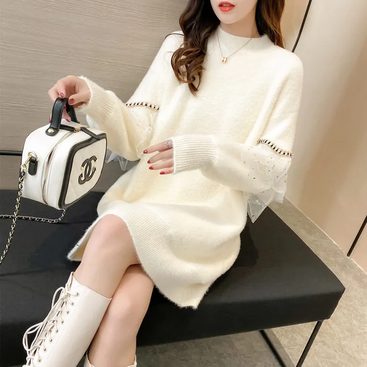 中长款毛衣女2025新款秋冬打底针织衫宽松慵懒风水貂绒外穿毛衣裙