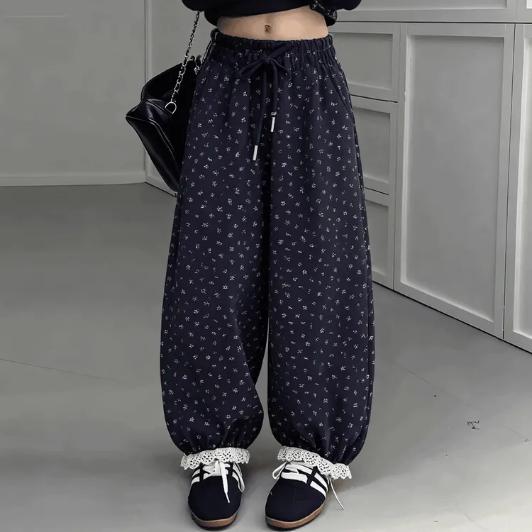 女童秋冬季加绒加厚小碎花版松腰中大童休闲束脚高级感韩版长裤