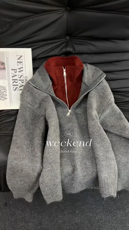 拼色双层立领假两件半拉链针织衫女2025秋冬新款宽松显瘦百搭毛衣