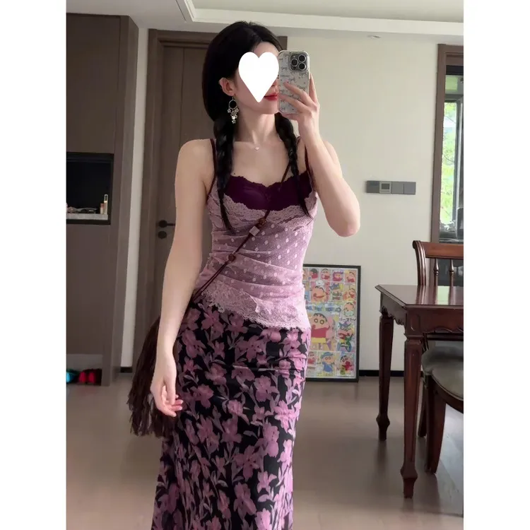 纯欲撞色波点紫色吊带背心女装2025夏季外穿上衣开衫半身裙三件套