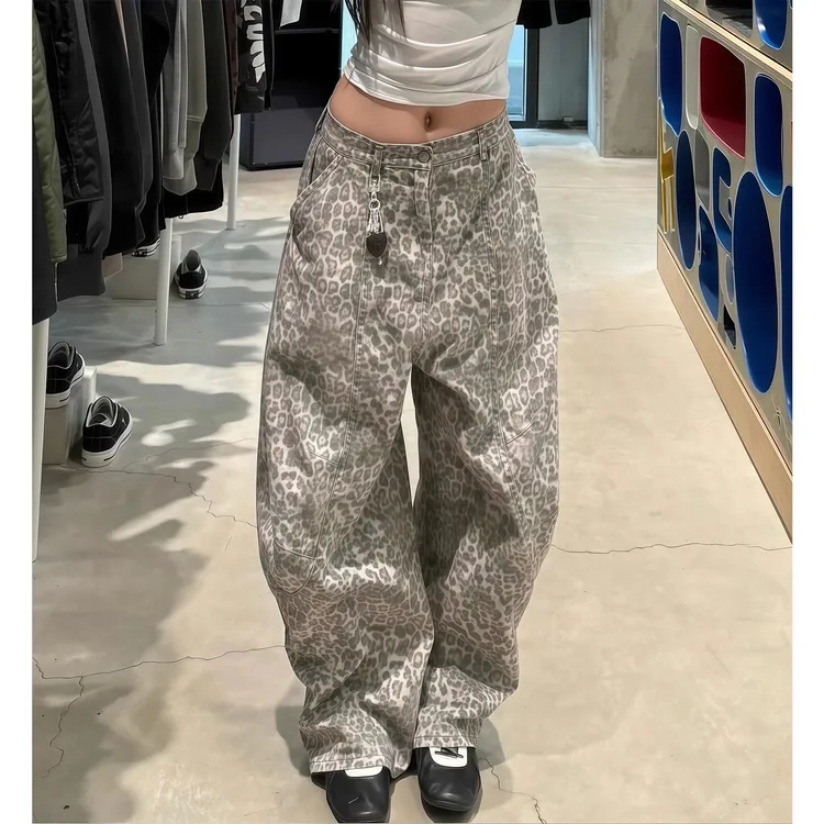 美式辣妹复古豹纹弯刀牛仔裤女夏季新款廓形松弛慵懒宽松阔腿裤子