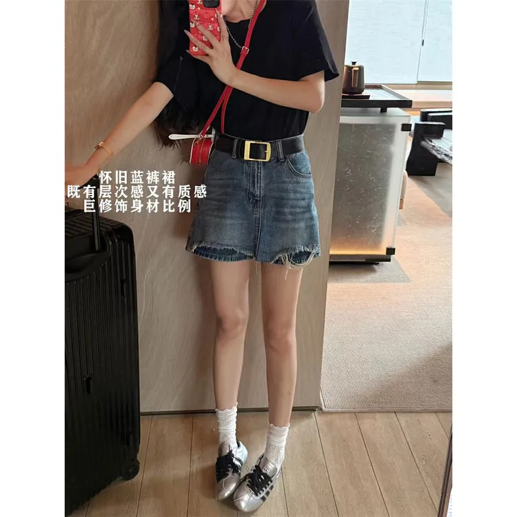 复古磨破毛边直筒牛仔裙裤女夏季新款高腰宽松显瘦设计阔腿短裙裤