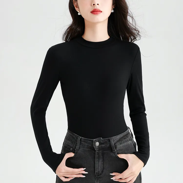 纯色圆领正肩长袖T恤女2025秋冬新款修身内搭打底衫长袖上衣百搭