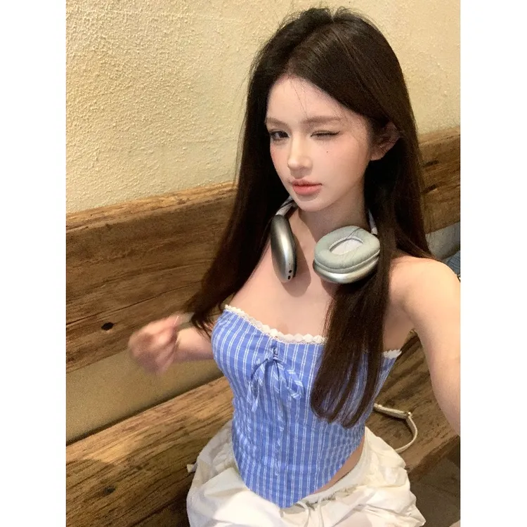 多巴胺不规则格子吊带背心女夏泰式辣妹一字肩鱼骨抹胸小上衣绝美