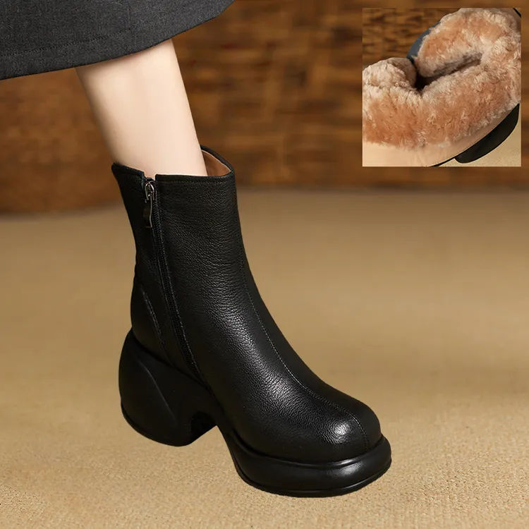 8cm舒适圆头厚底粗跟加绒短靴女冬新款保暖大棉靴皮毛一体雪地靴