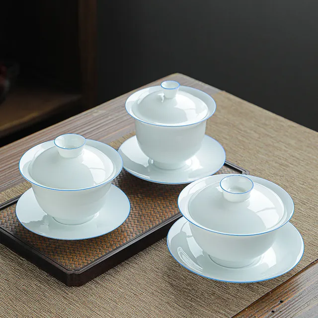 盖碗茶杯陶瓷茶具茶碗白瓷大号单个家用薄胎甜白玉汉白瓷羊脂玉蓝
