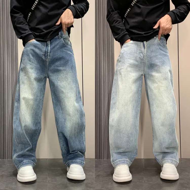 2025新款加绒秋冬男士宽松直筒牛仔裤黑色牛仔裤痞帅潮流阔腿裤男