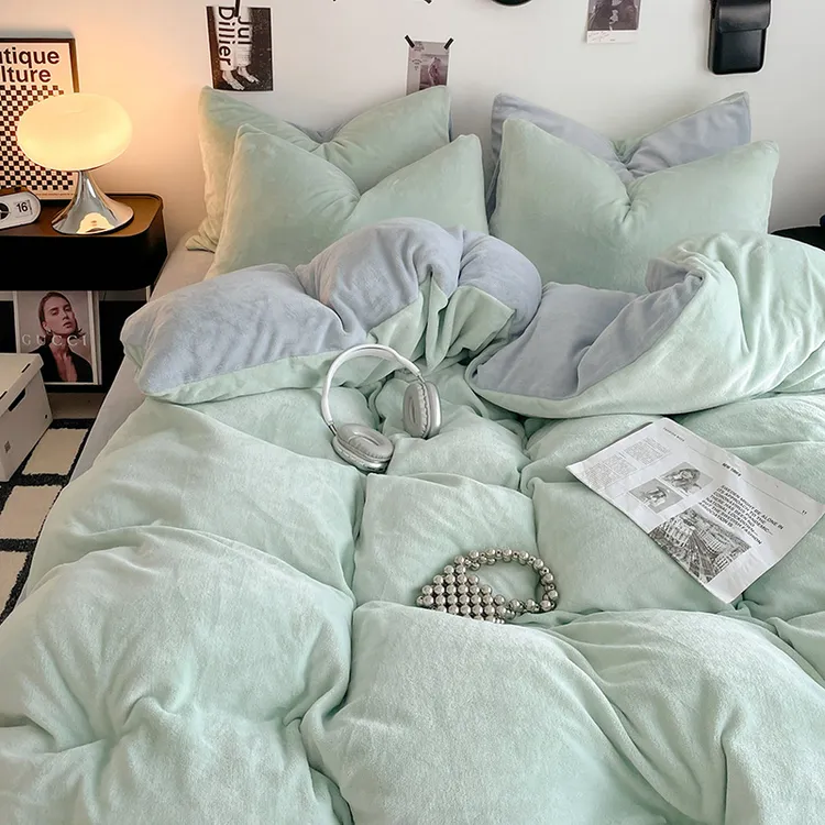 加厚双面纯色秋冬牛奶绒四件套珊瑚绒床上绒三件套冬季加绒法兰绒