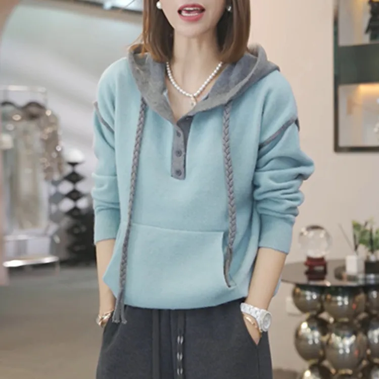 潮流撞色连帽衣服女2025秋季新款韩系高级设计感通勤针织长袖衣服