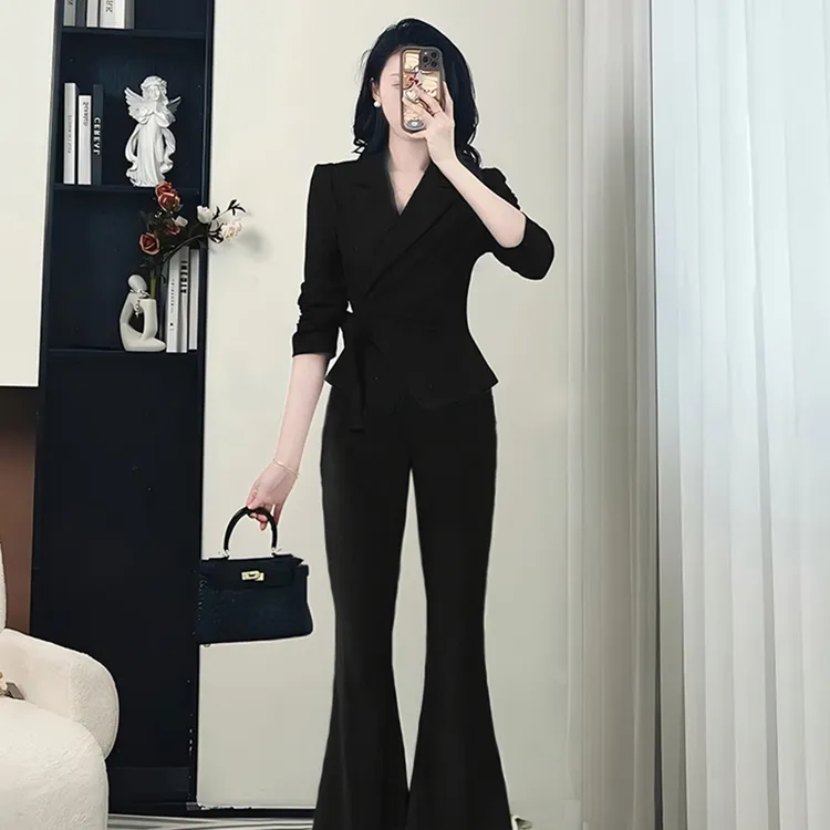 【AN】【两件套】春秋季新百搭优美女神大裙摆上衣+长裤套装HY0087