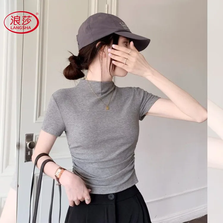 浪莎半高领褶皱短袖打底衫新款女内搭洋气小个子短款小众别致T恤