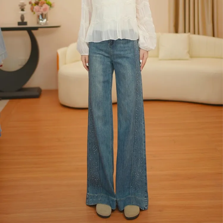 23866#复古蓝弹力烫钻时尚百搭宽松简简约显瘦直筒长裤高腰牛仔裤