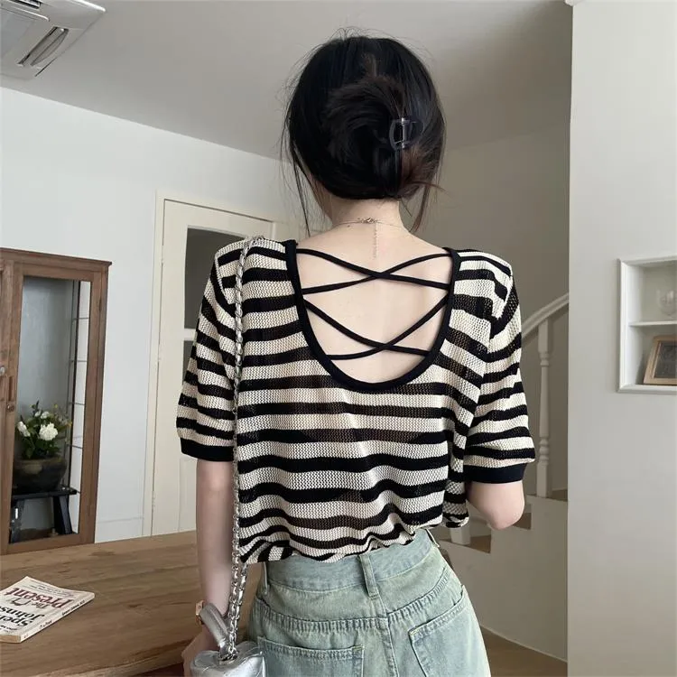 独特设计感条纹针织短袖T恤女夏季冰丝防晒罩衫别致短款绝美上衣