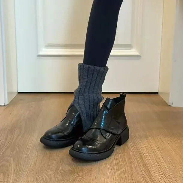 羊皮版~厚底魔术贴短靴英伦风一脚蹬通勤靴子小个子增高瘦瘦靴女