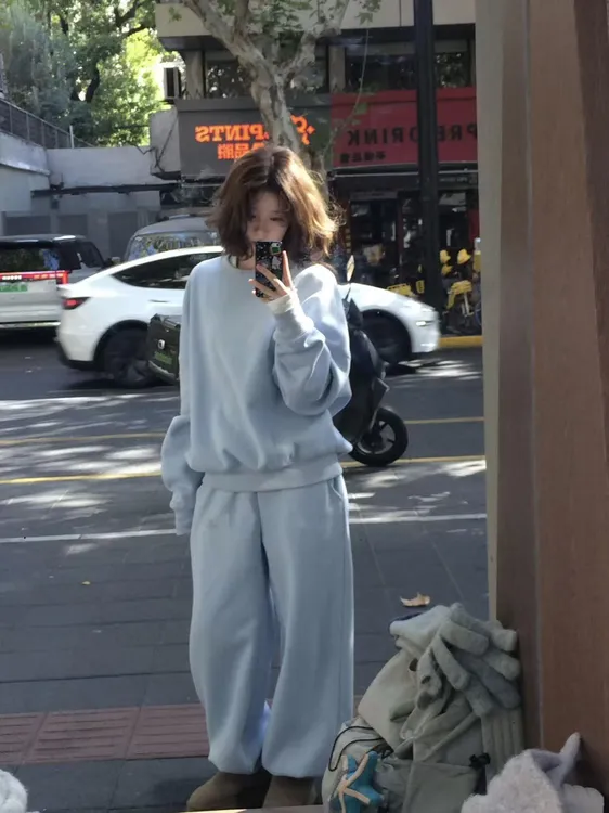 2026秋冬新款韩系休闲蓝色卫衣女百搭时尚显瘦慵懒休闲裤两件套装