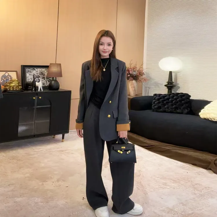冬季高奢撞色网红设计师加棉加厚韩系宽松高级感显瘦西装套装2538