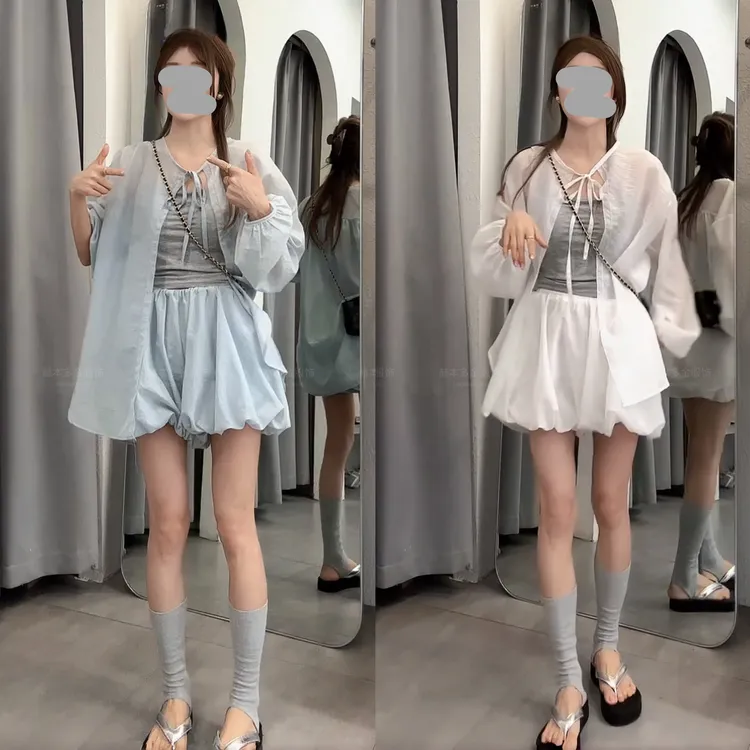 甜美可爱风格衣服夏季轻薄防晒长袖开衫短裤套装女纯欲慵懒风女装