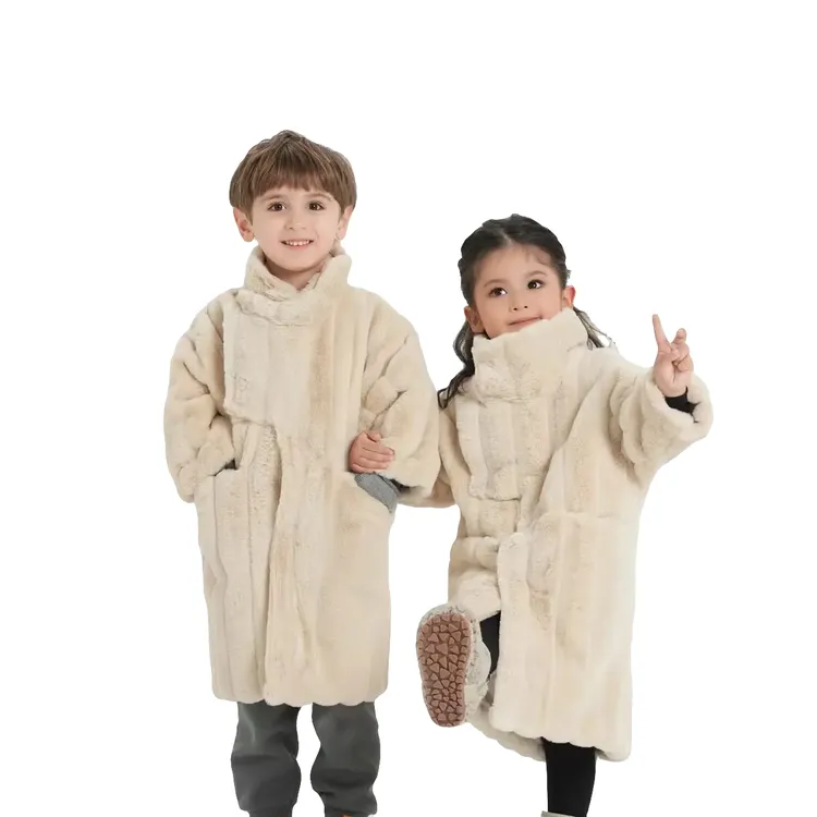 Ezna仿兔毛外套女童秋冬季加绒加厚保暖中长大衣