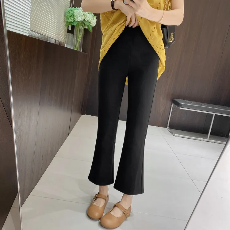 IMFLY金小金自制女装 休闲裤DYK2762夏日修身黑色微喇九分裤