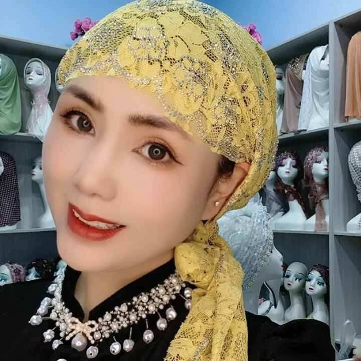 蕾丝烫钻时尚飘带帽