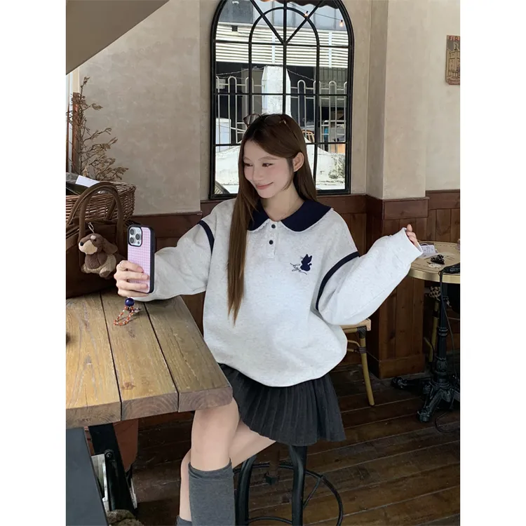 娃娃领撞色圆领卫衣女秋冬加绒宽松韩版刺绣设计感小众无帽上衣潮