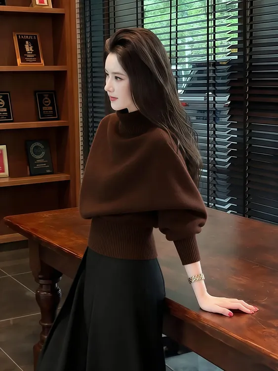法式复古咖啡色高领加厚针织打底上衣女冬季新款简约纯色百搭毛衣