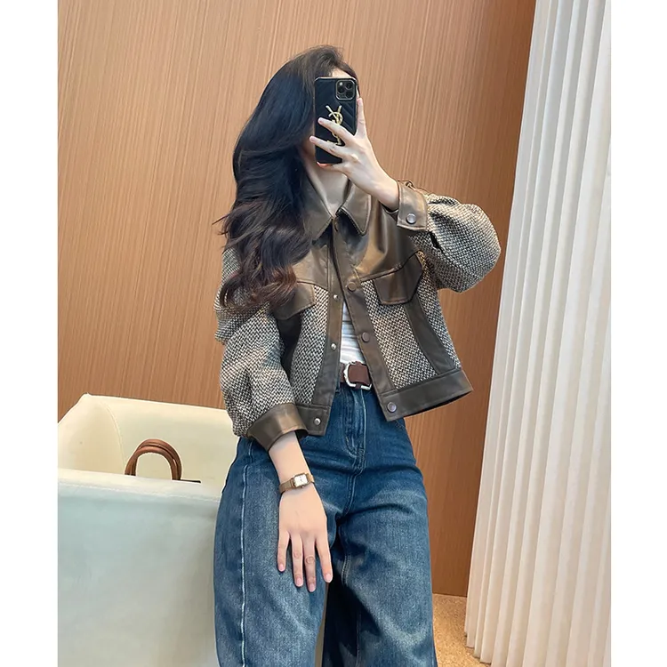小香风外套2025新款女轻奢高级感短款小个子气质拼接pu皮皮衣夹克