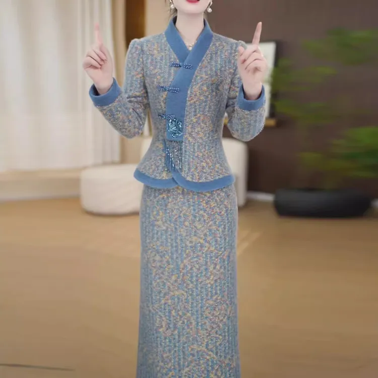 新中式国风套装连衣裙女2025冬季新款上下拼接半身裙高级感两件套