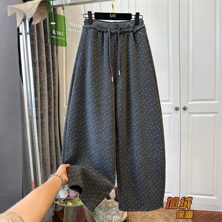 欧货高腰碎花抽绳松紧腰休闲裤女弯刀裤加绒加厚保暖2025冬新款女