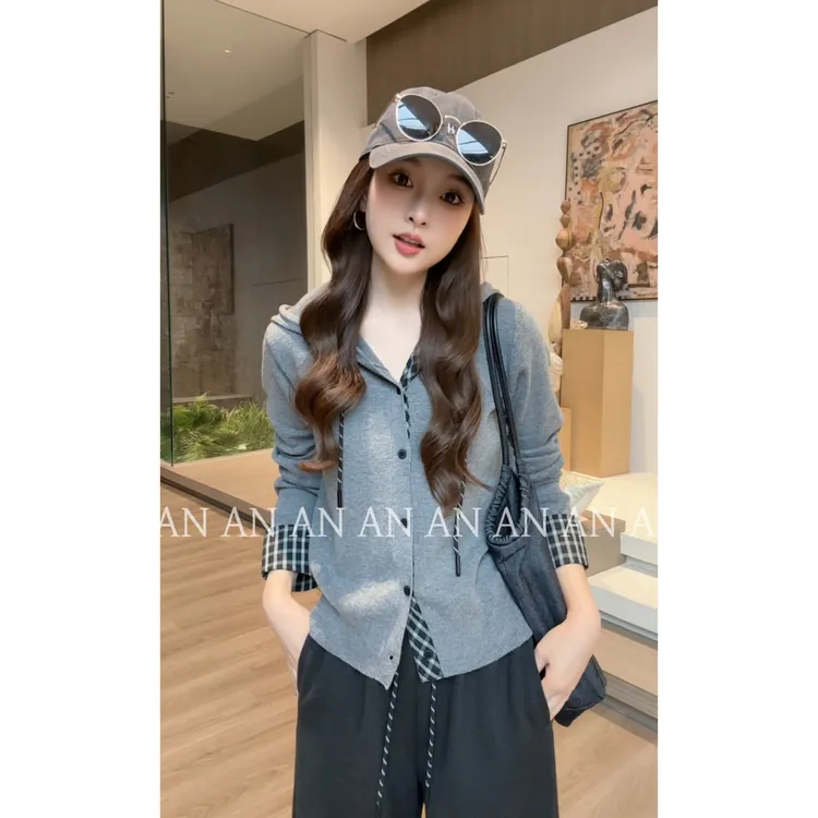 C08163新款洋气显瘦气质减龄小香风连帽拼接格子针织衫外套