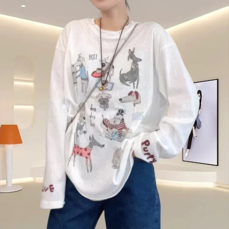 设计感大码胖mm显瘦t恤女上衣夏季萌趣风卡通小狗印花长袖防晒衣