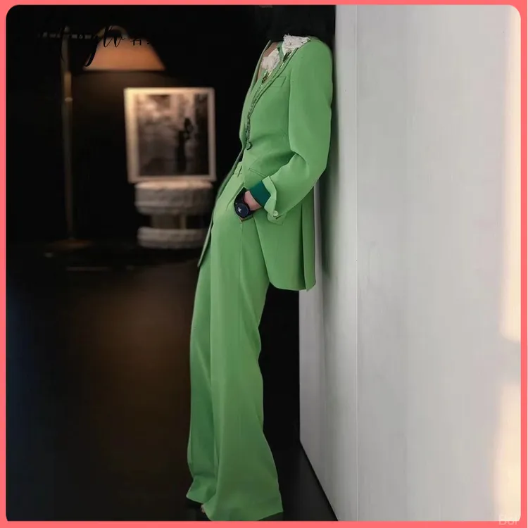名缕品牌高端定制设计感苹果绿时尚套装刺绣西装外套阔腿裤两件套