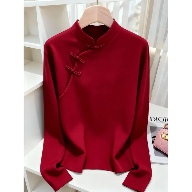 2025秋冬季新款新中式国风设计感小众洋气显瘦百搭红色上衣女爆款