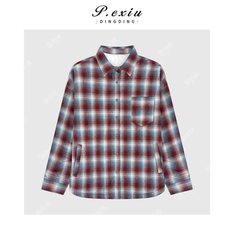 复古撞色格纹休闲慵懒宽松翻领夹棉外套 M9247