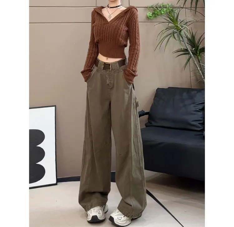 咖绿色工装裤女款秋季美式高街拼接设计感直筒阔腿裤-K3318