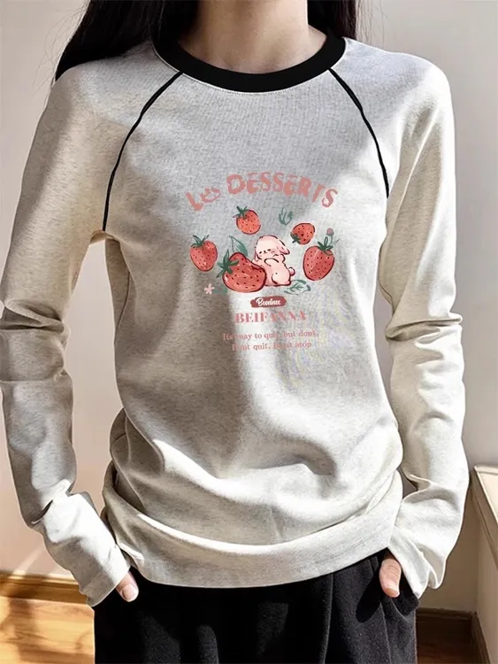 新款ins潮宽松92棉长袖t恤女2025秋季圆领印花百搭插色拼接打底